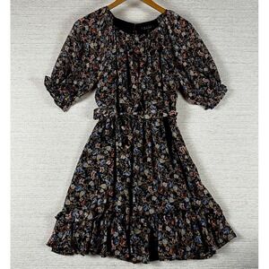 Trixxi Floral Mini Dress Small Black Short Puff Sleeve Tie Waist Ruffle Tiered